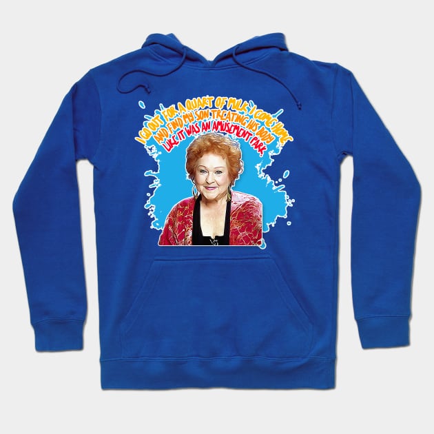 Estelle Costanza: “I go out for a quart of milk, I come home, and find my son treating his body like it was an amusement park.” Hoodie by DankFutura